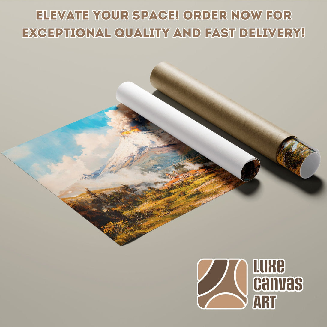 Poster Roll of a mountain landscape painting, warm color palette, perfect for your home decor.