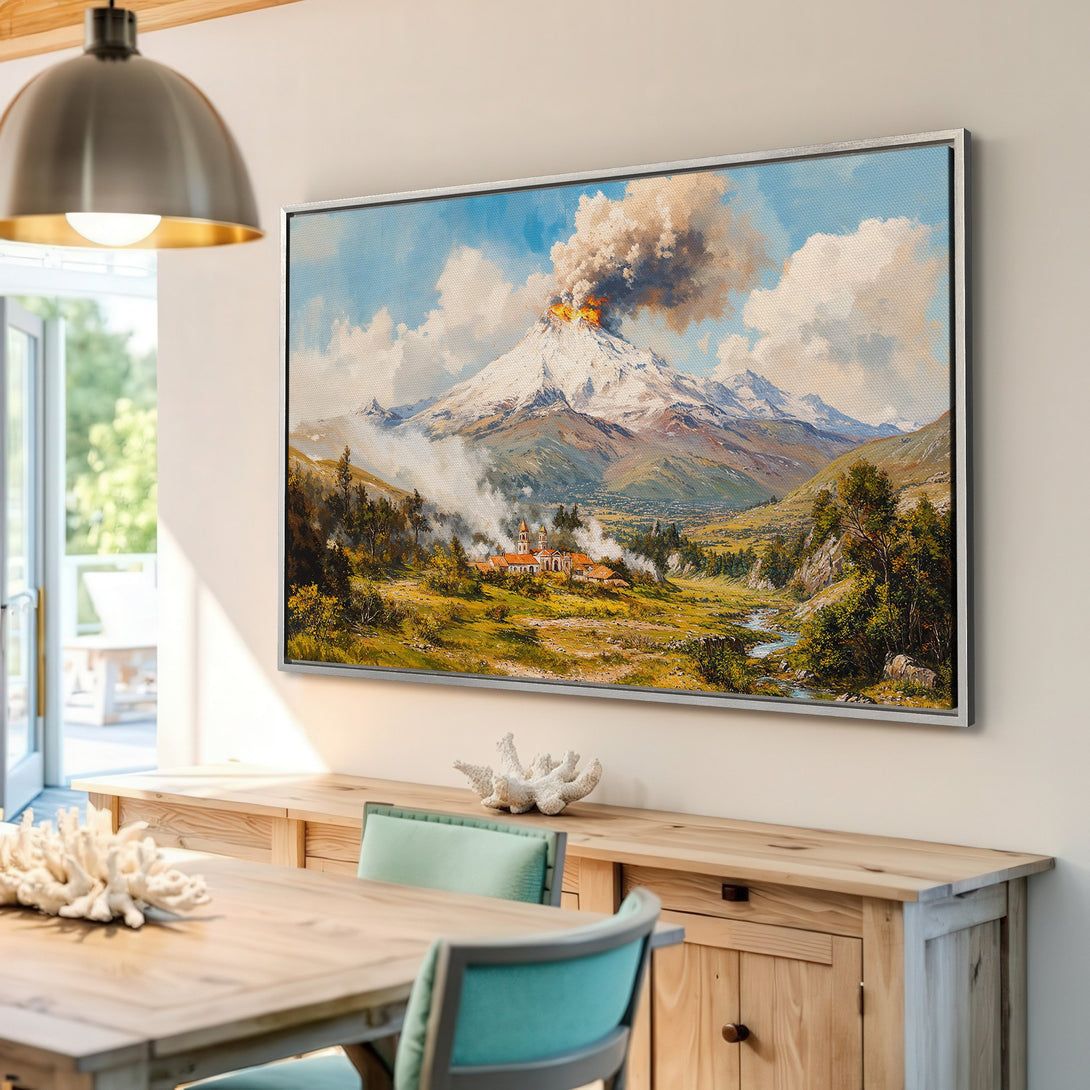 Framed Wall Art: Stunning landscape canvas print of a volcano erupting, in a classic painting style with a warm, earthy color palette. Perfect home decor!