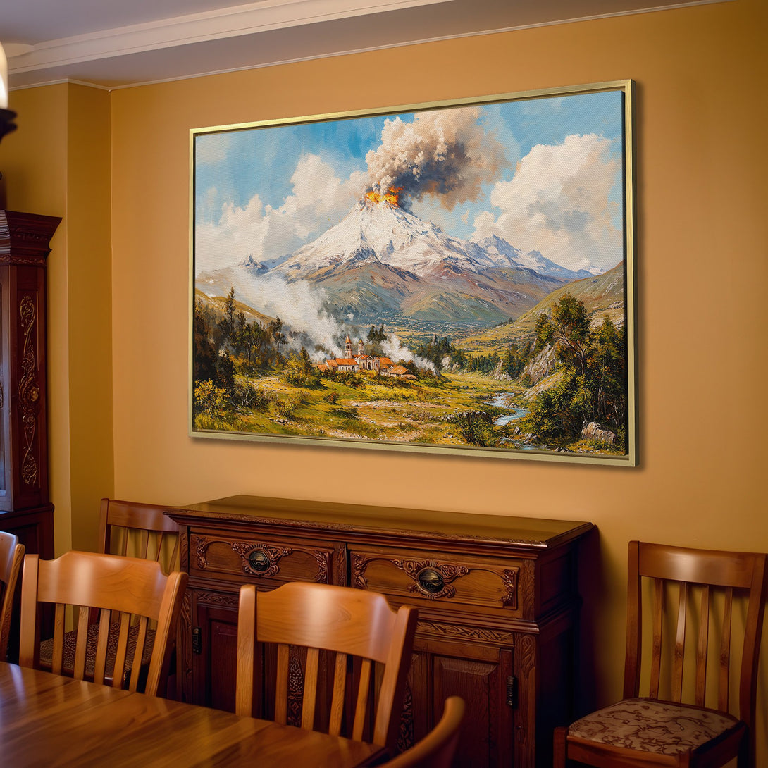 Canvas Print of a volcanic landscape painting, warm neutral tones, perfect for adding a touch of classic art to your living room decor.