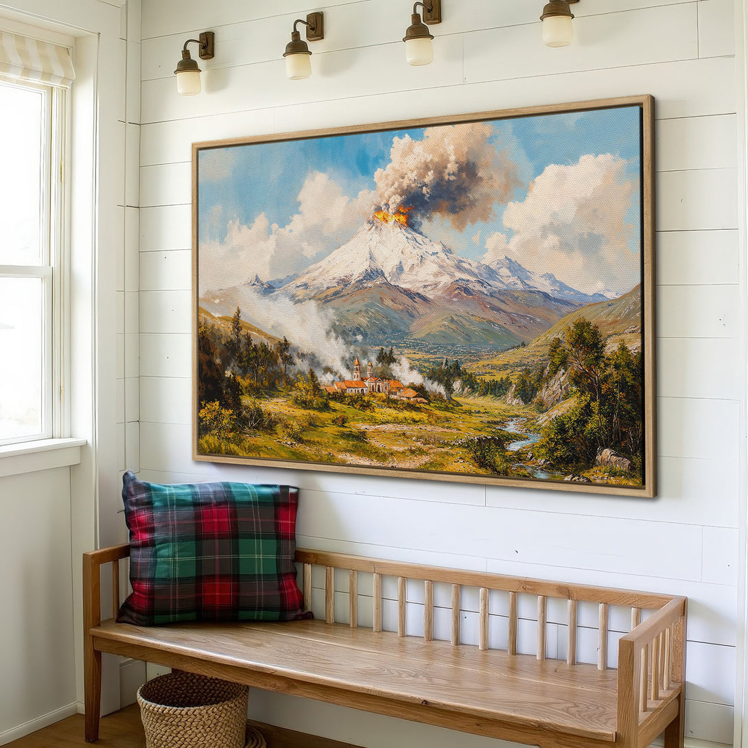 Framed Wall Art: Stunning landscape Canvas Print with mountain scene, vibrant blues, greens, and yellows. Perfect for adding a touch of nature to your home decor.