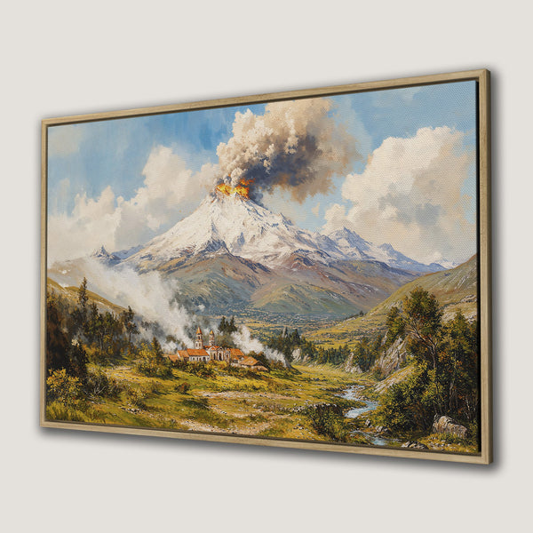 Framed Wall Art: Volcano landscape painting in warm earth tones. Classic art style with a dramatic erupting volcano, perfect for home decor.
