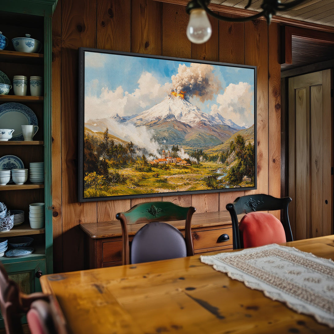 Framed Wall Art: Landscape Canvas Print with a volcano scene. Rustic style, warm earthy tones, and vibrant blues. Perfect for home decor.
