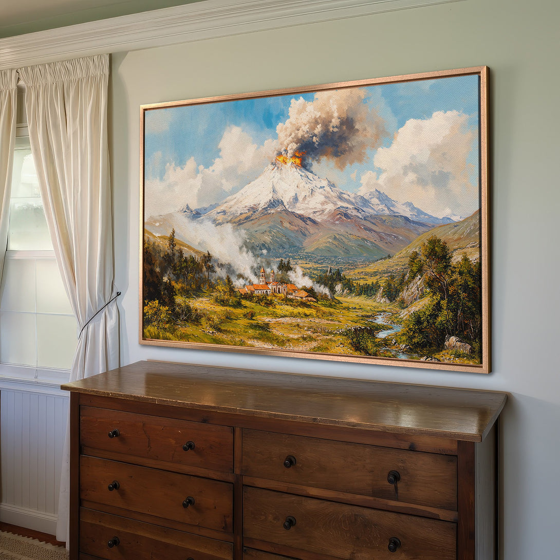 Framed Wall Art: Landscape Canvas Print with a mountain and volcano scene. Features a warm, earthy color palette, perfect for adding a touch of nature to your home.
