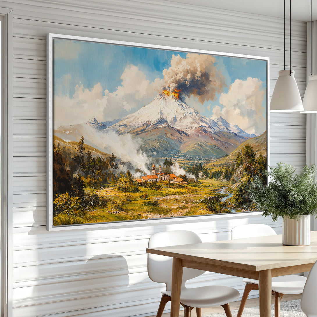 Framed Wall Art: Dramatic volcano landscape canvas print in warm, earthy tones. Perfect for adding a touch of nature and art to your dining room.