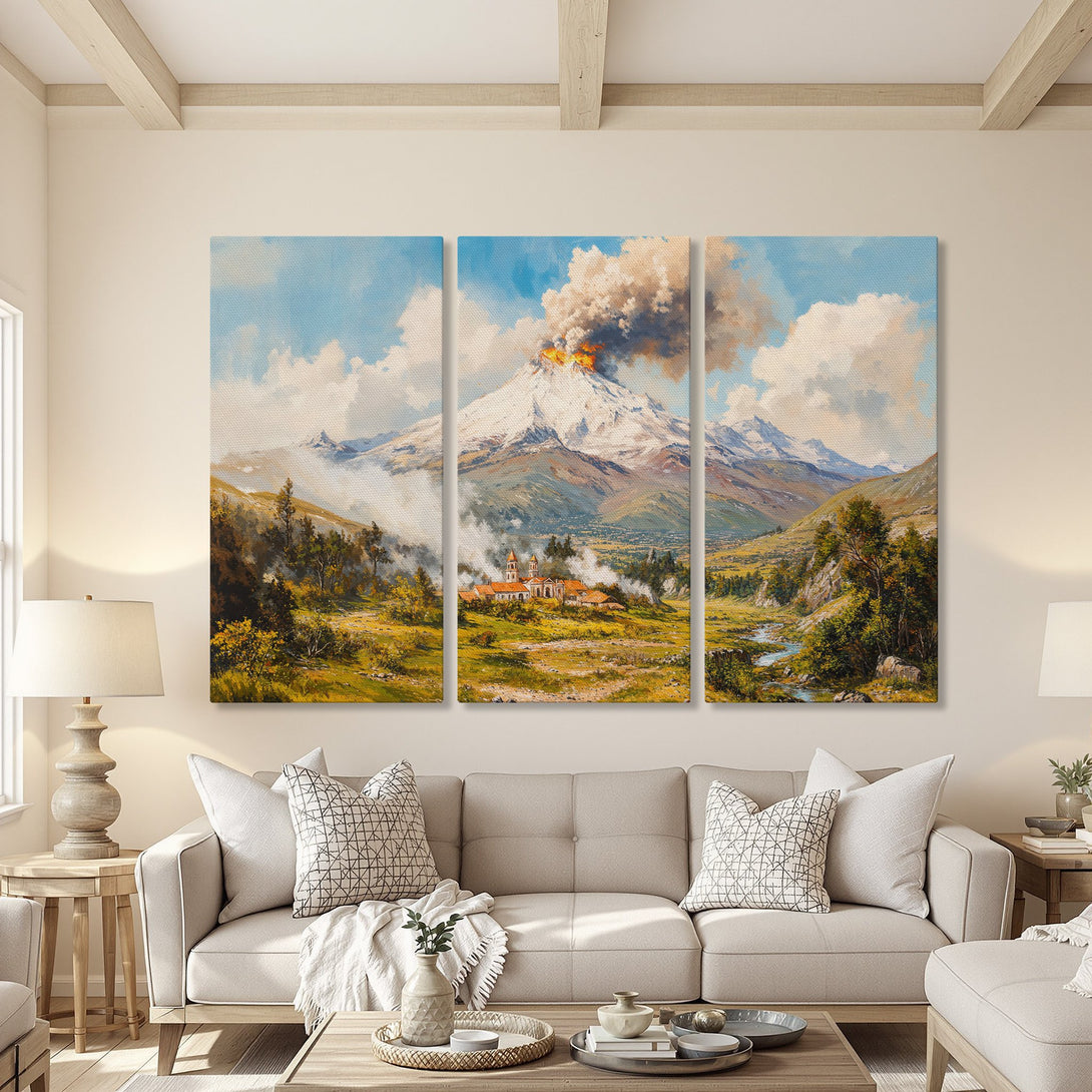Canvas Print of a mountain landscape with a volcano, in a warm, neutral interior. Features a blue, green, and brown color palette.