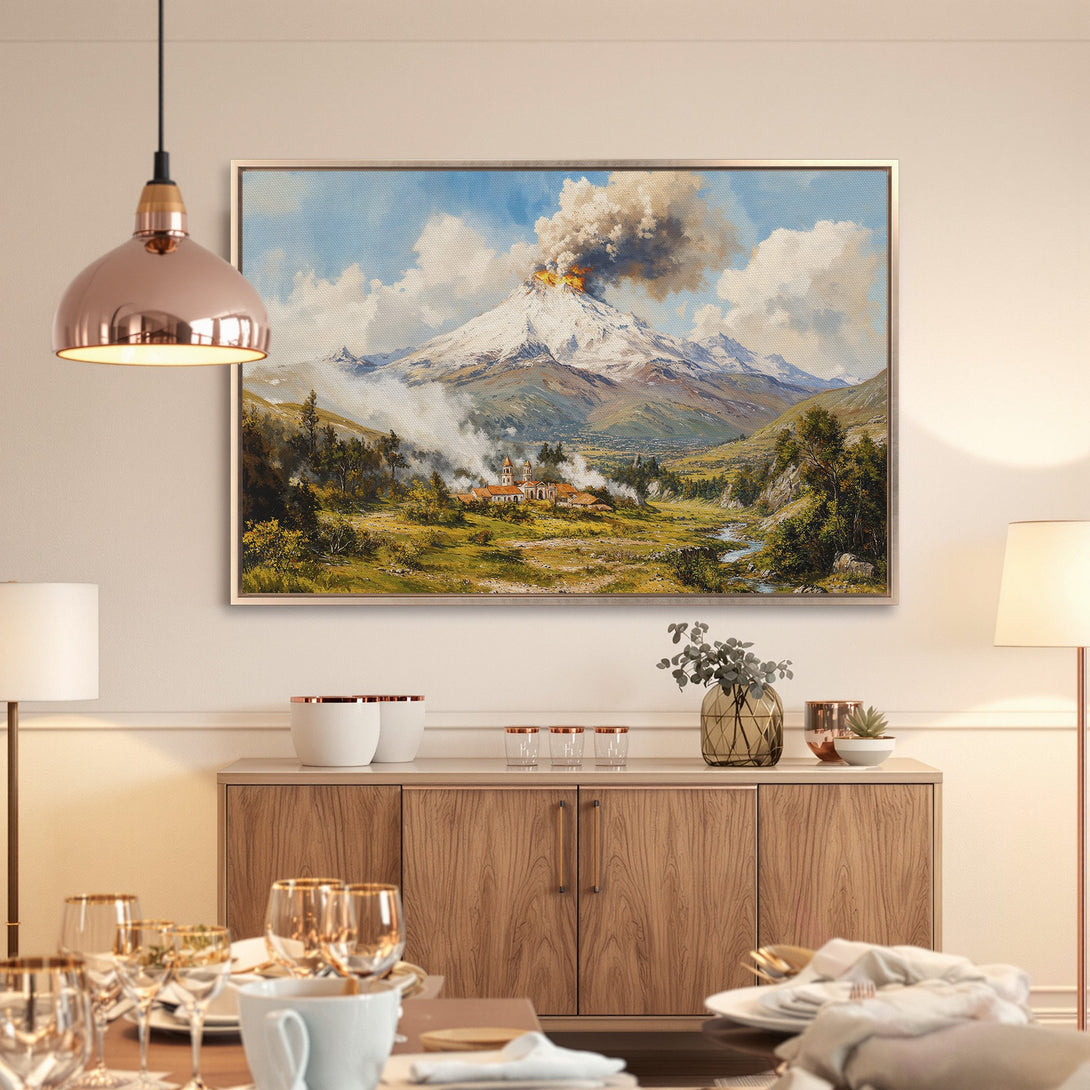 Framed Wall Art featuring a vibrant landscape painting of a volcano, showcasing a classic style with a warm, earthy color palette. Perfect for home decor!