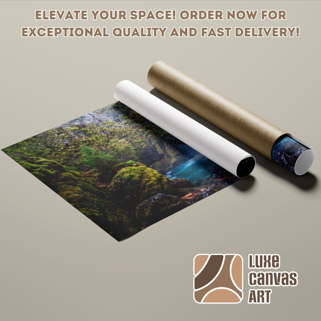 Poster Roll featuring a vibrant nature scene with green moss and blue water. Elevate your space with Luxe Canvas Art!