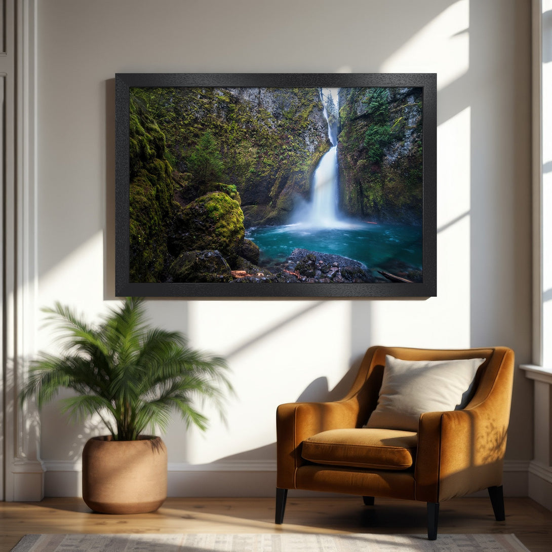 Framed Poster: Stunning waterfall art print with vibrant greens and blues. Nature-inspired decor for your home.