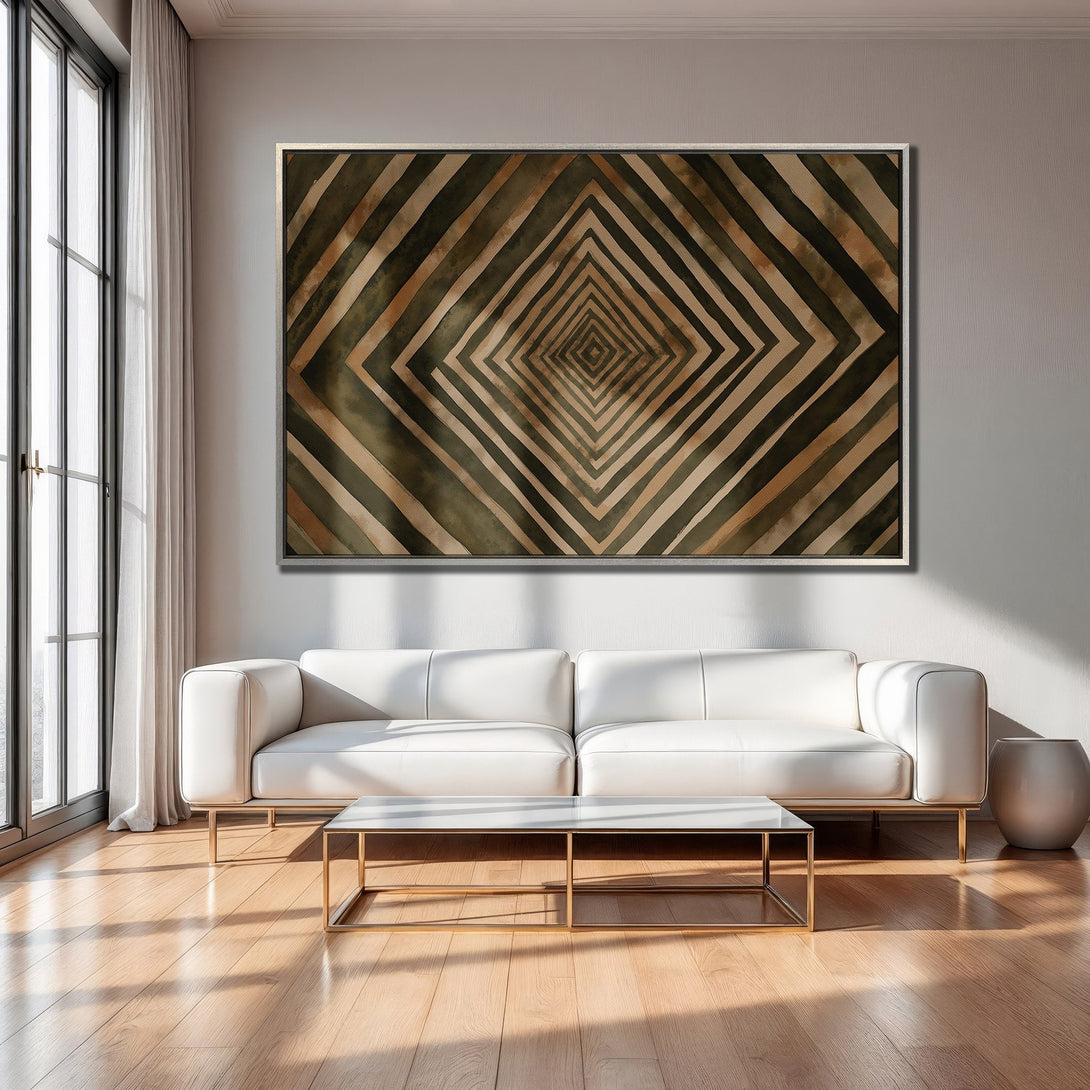 Framed Wall Art: Abstract geometric design in earthy tones. Modern interior decor with olive green, brown, and beige color palette. Elevate your space with this art piece.