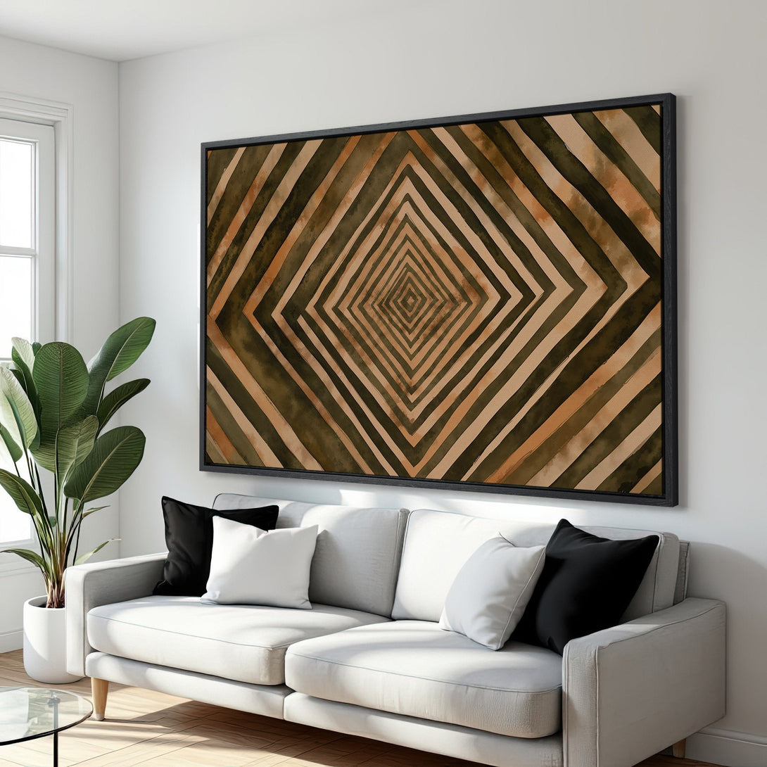 Framed Wall Art featuring an abstract geometric design in warm earthy tones. Modern art for your living room, bedroom, or office.
