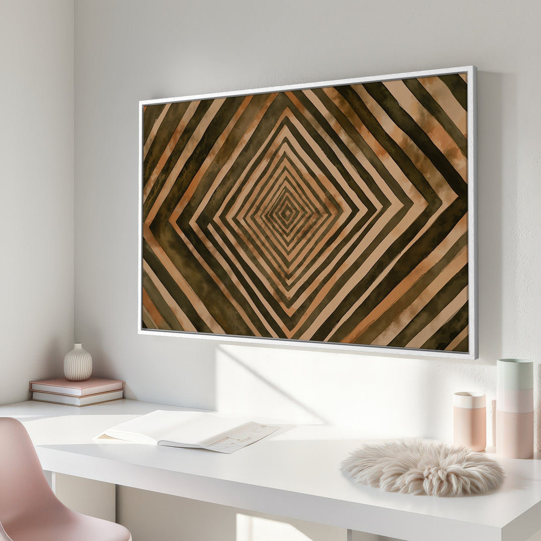 Framed Wall Art: Geometric abstract art in warm brown and olive tones. Modern decor for your home.