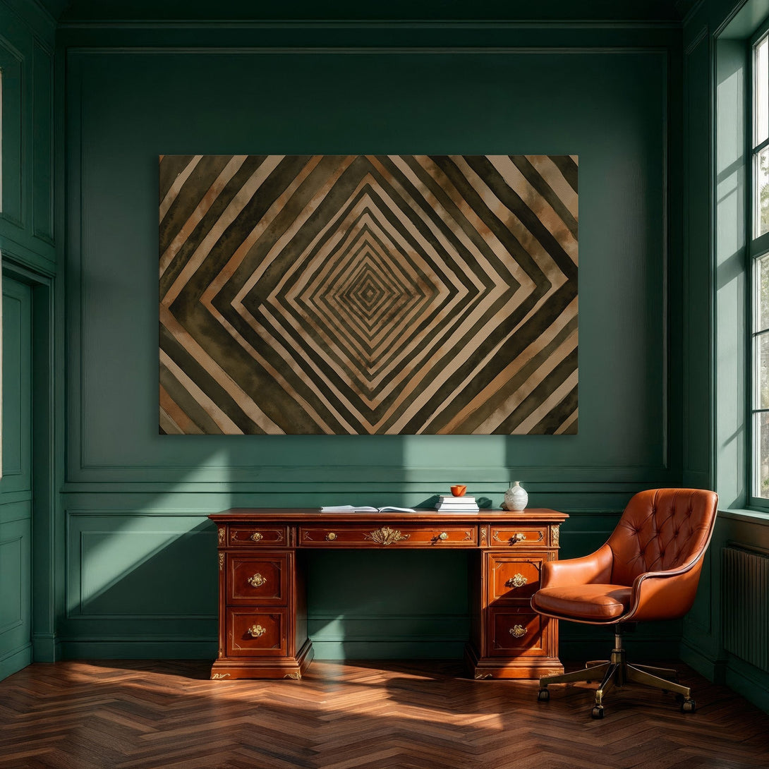 Framed Wall Art: Abstract geometric design in warm earth tones. Modern art canvas print adds style to any dining room. Shop now!