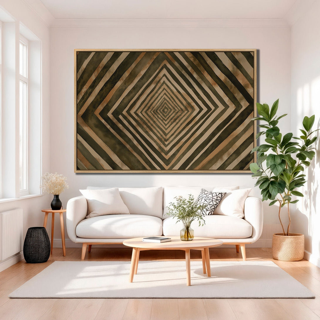 Framed Wall Art: Abstract geometric design in earthy tones. Modern Canvas Print adds a stylish touch to any living room decor.