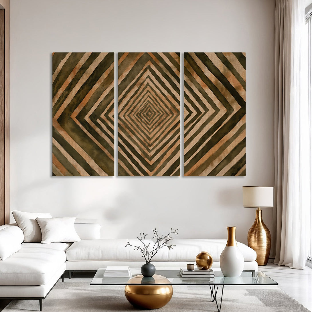 Canvas Print wall art featuring an abstract geometric design in earthy brown and green tones. Modern decor for living room or bedroom.