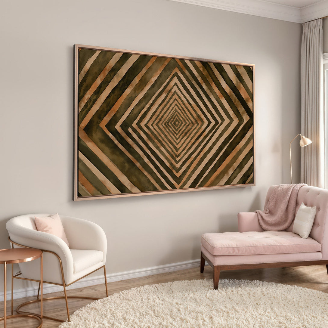 Framed Wall Art: Geometric abstract design in earthy tones. Modern living room decor with a warm, inviting color palette. Elevate your space with art!