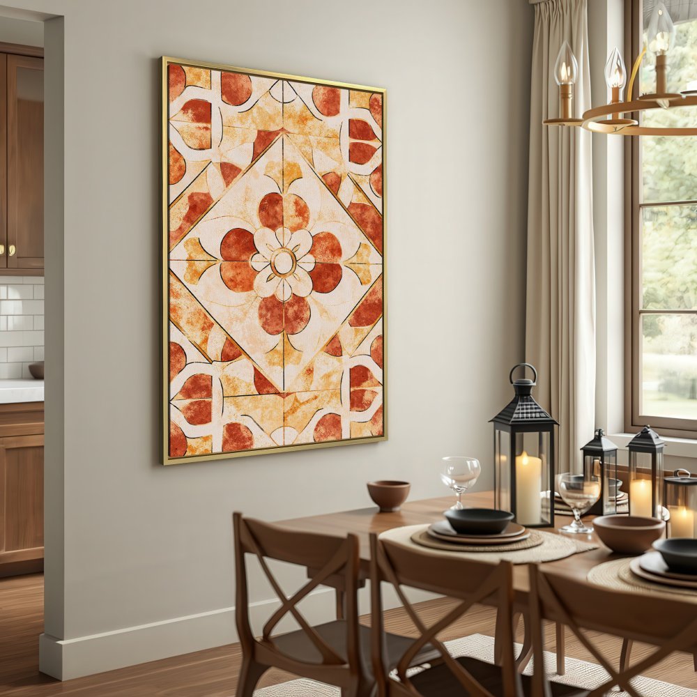 Canvas Print featuring a geometric floral design in warm terracotta and beige tones. Perfect for adding a touch of rustic elegance.