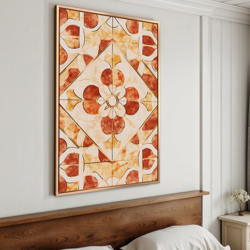 Framed Wall Art: Geometric floral design in warm terracotta and beige hues. Add a touch of elegance to your space with this stunning canvas print.