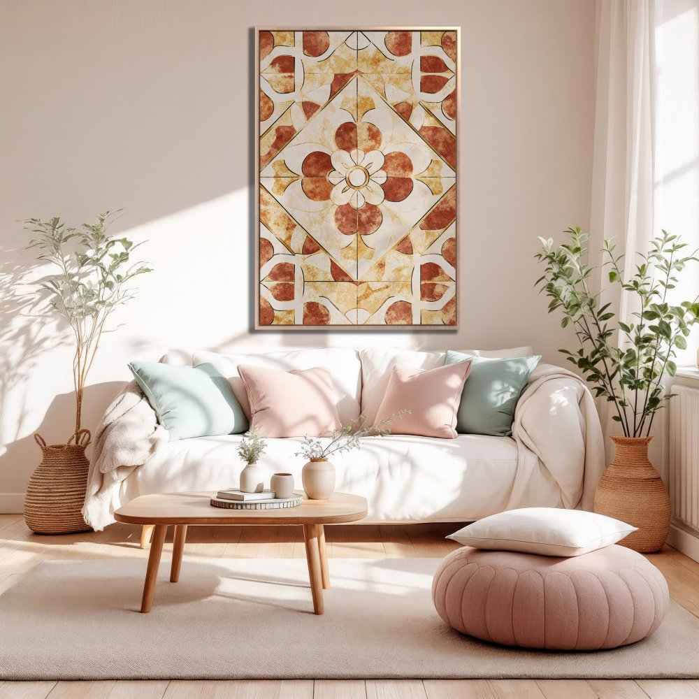 Framed Wall Art: Geometric floral design in warm terracotta and beige tones. Modern canvas print adds a touch of elegance to any living room decor.