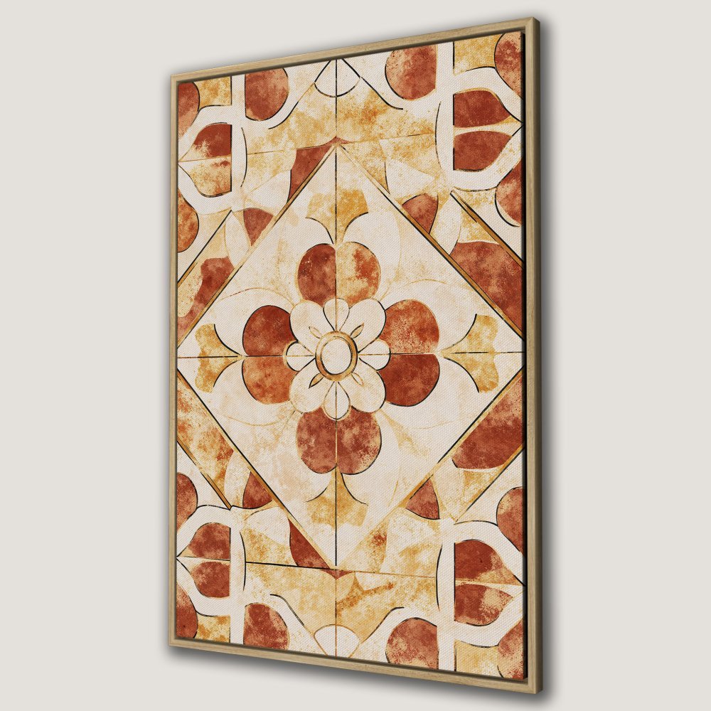 Framed Wall Art Canvas Print featuring a geometric floral design in warm terracotta and cream tones, perfect for adding a touch of elegance.