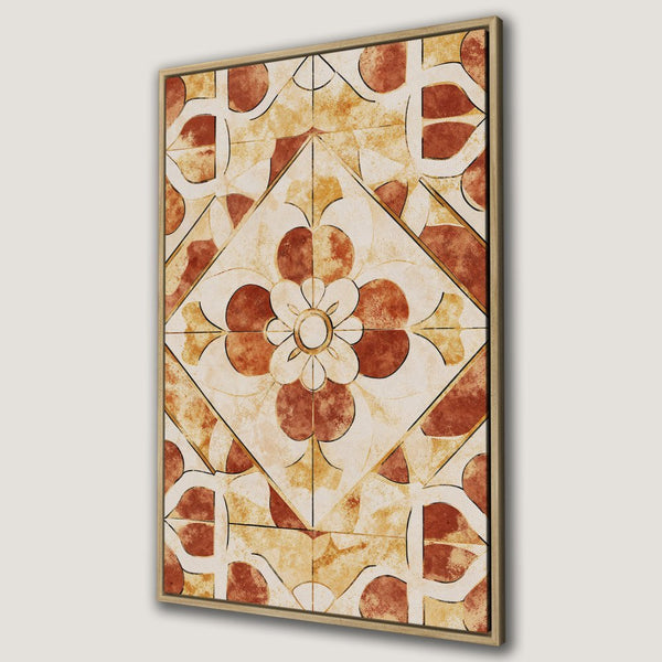 Framed Wall Art Canvas Print featuring a geometric floral design in warm terracotta and cream tones, perfect for adding a touch of elegance.