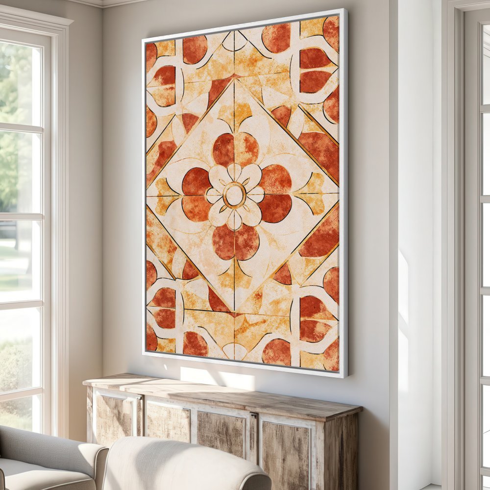 Framed Wall Art featuring a geometric floral design in warm terracotta and cream hues. Perfect for adding a touch of rustic elegance to any space.