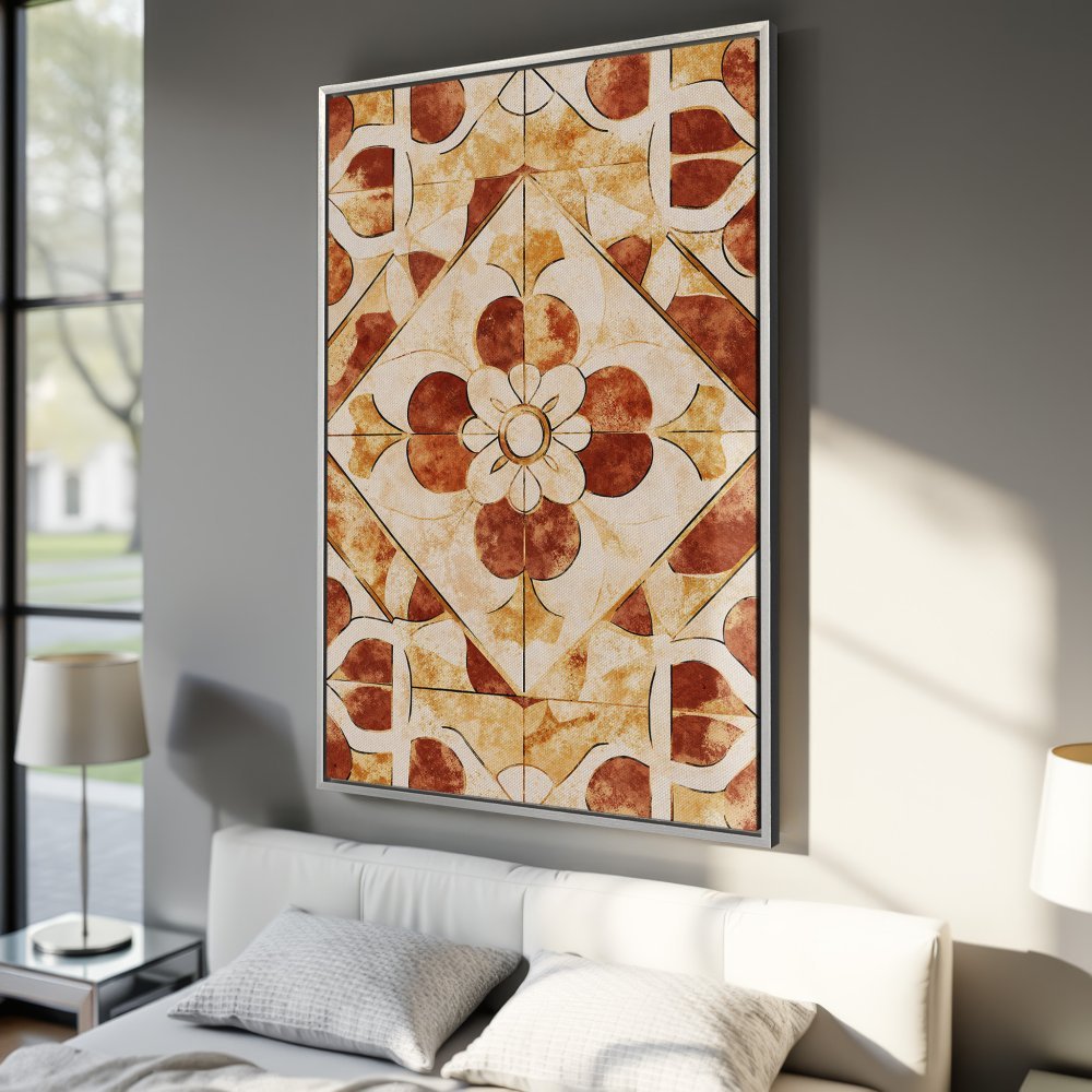 Framed Wall Art featuring a floral tile design in warm terracotta and cream tones. Perfect for adding a touch of elegance to your bedroom decor.