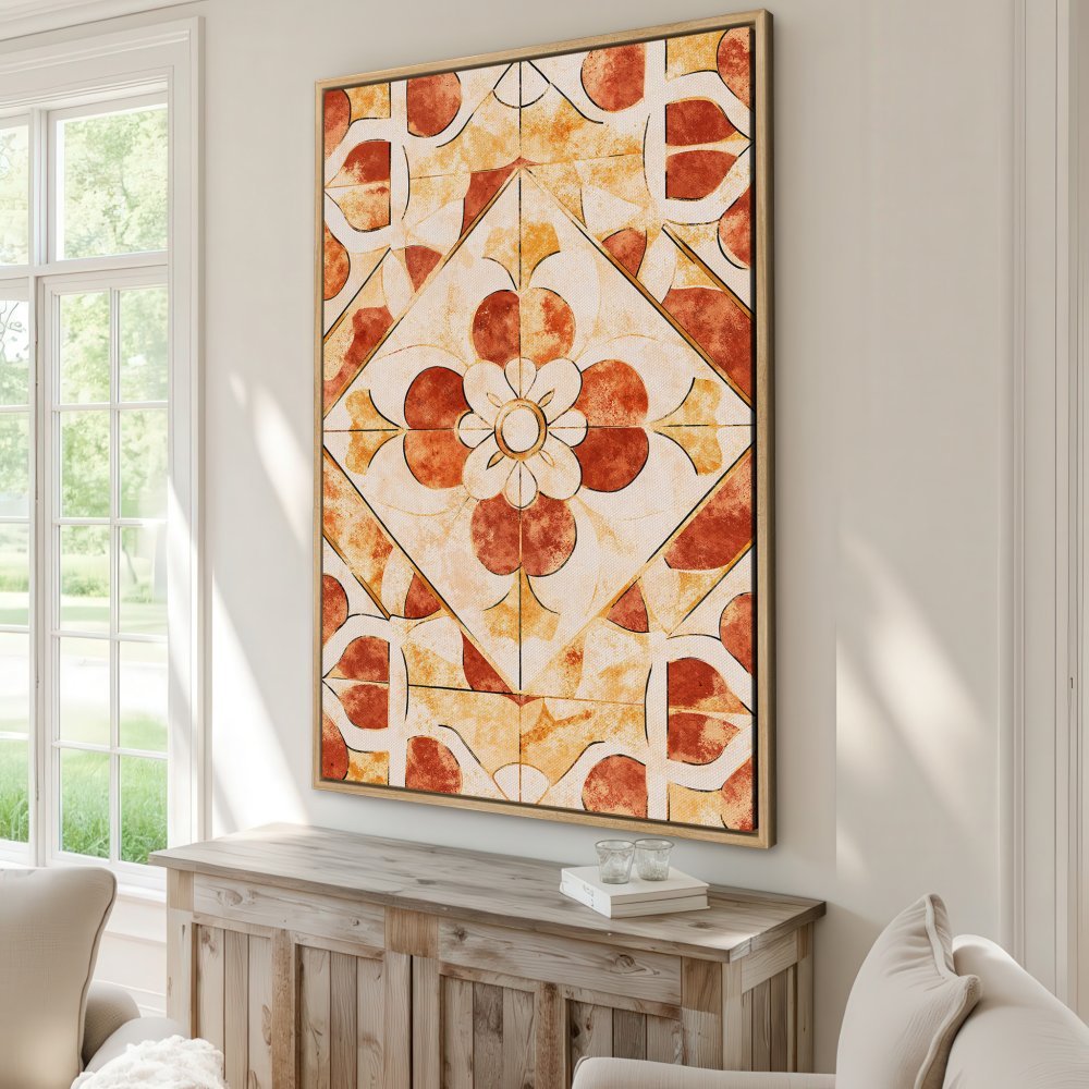 Framed Wall Art featuring a geometric floral design in warm orange and beige tones. Perfect for adding a touch of elegance to any room.