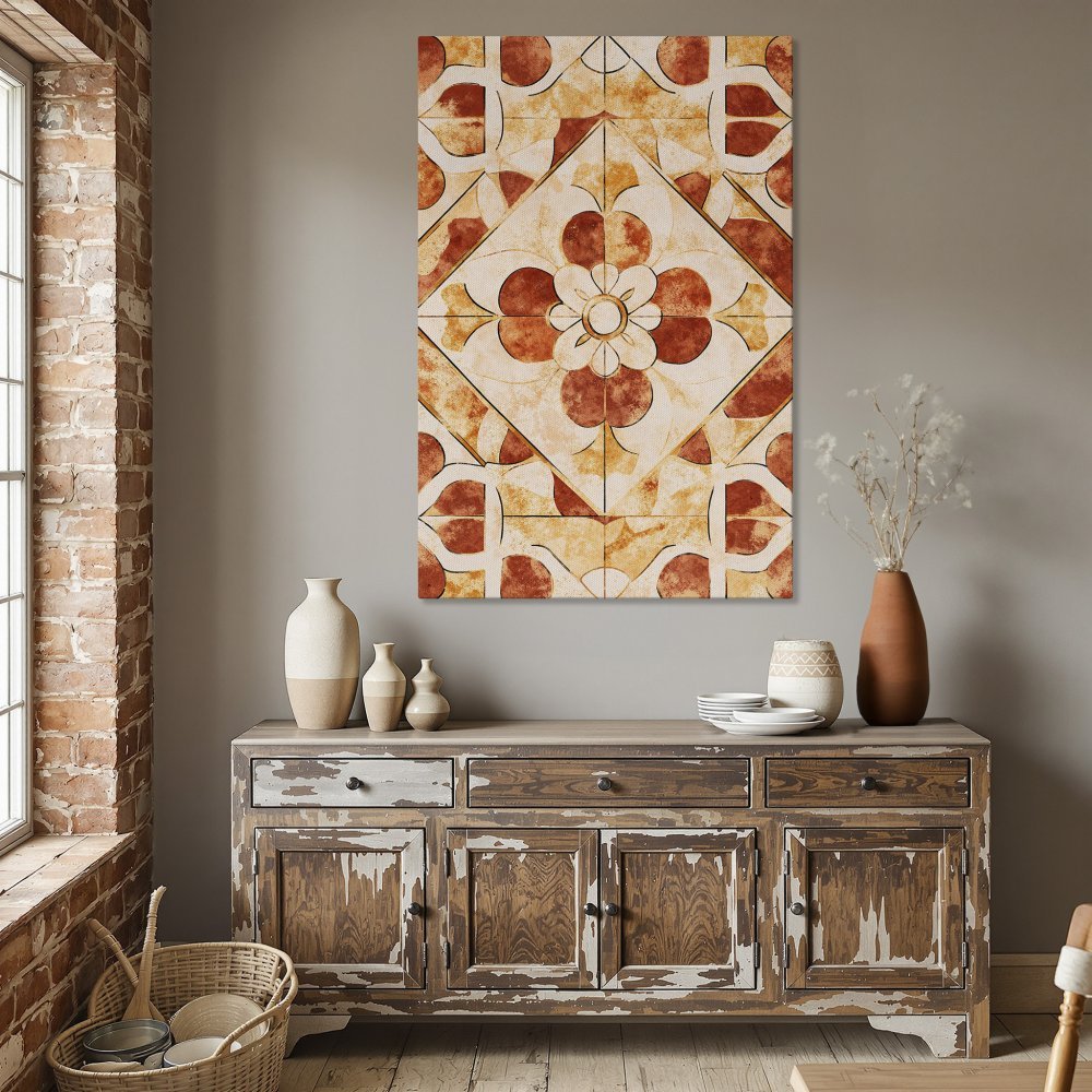 Framed Wall Art featuring a geometric floral design in warm orange and cream tones, perfect for adding a touch of elegance to your dining room.