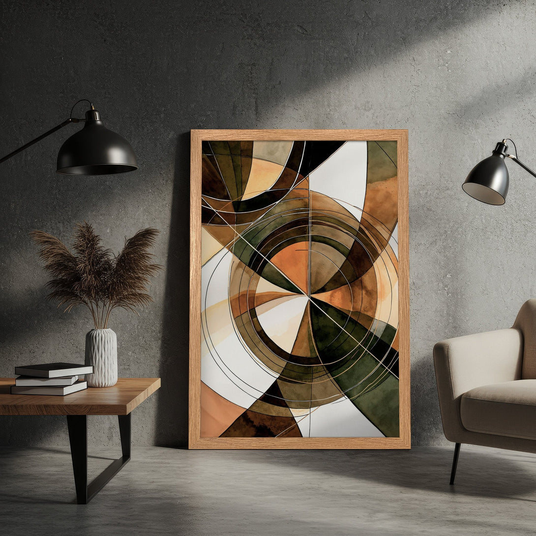 Framed Poster featuring abstract geometric art in earthy tones. Perfect wall decor for modern homes.