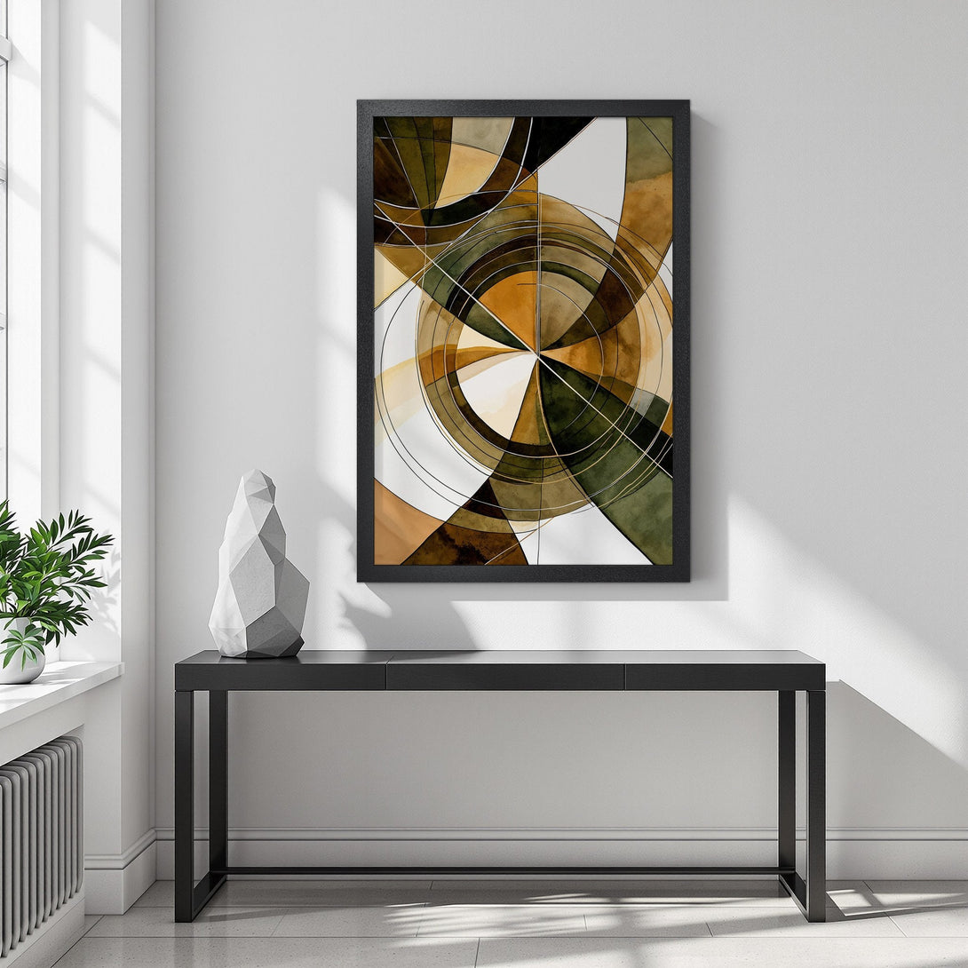 Framed Poster featuring abstract geometric art in earthy tones. Modern art print for home decor.