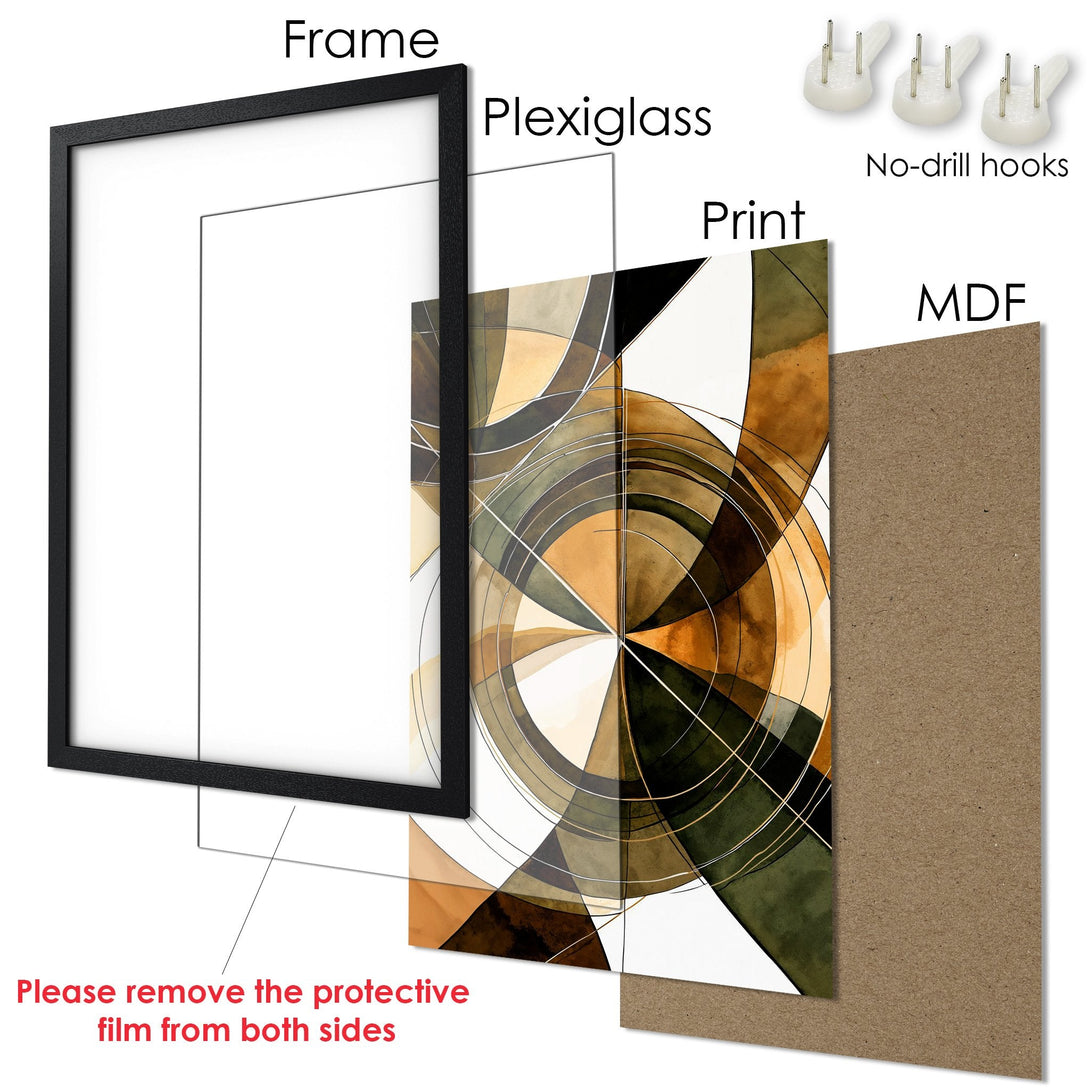 Framed Poster featuring an abstract geometric design in earthy tones. Modern art style with a warm color palette, ready to hang.