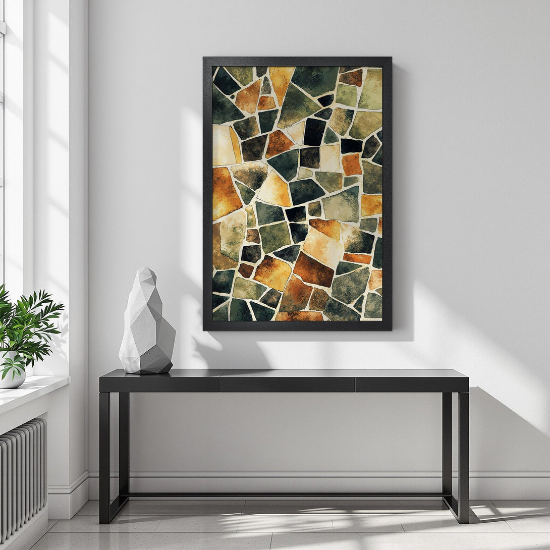 Framed Poster featuring abstract stone mosaic art in earthy tones. Perfect wall decor for modern homes.