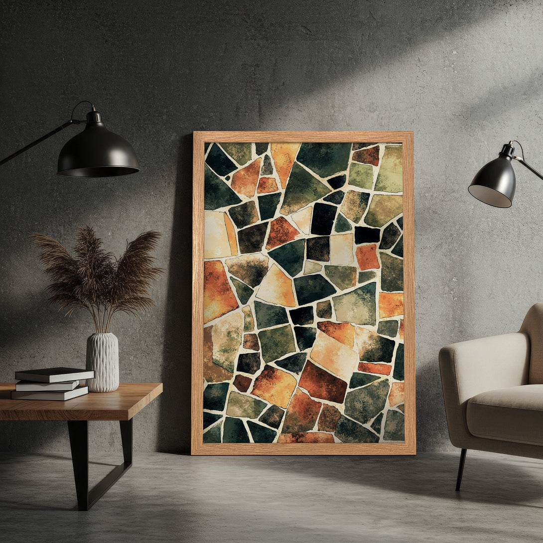 Framed Poster featuring abstract mosaic art in earthy tones, perfect for modern home decor.