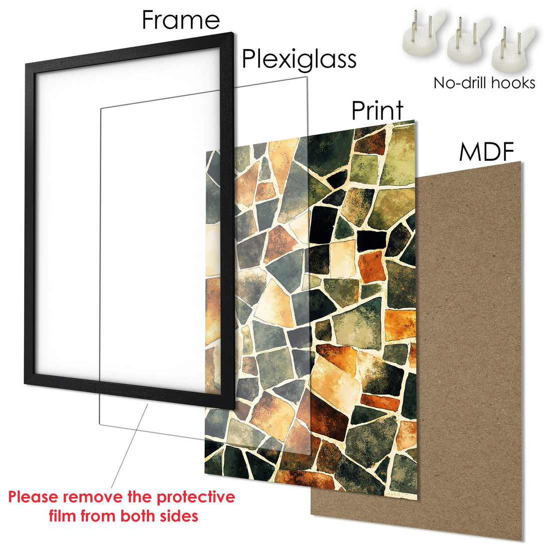 Framed Poster featuring a mosaic design in earthy tones. Stylish wall art ready to hang. Includes frame, plexiglass, and no-drill hooks.