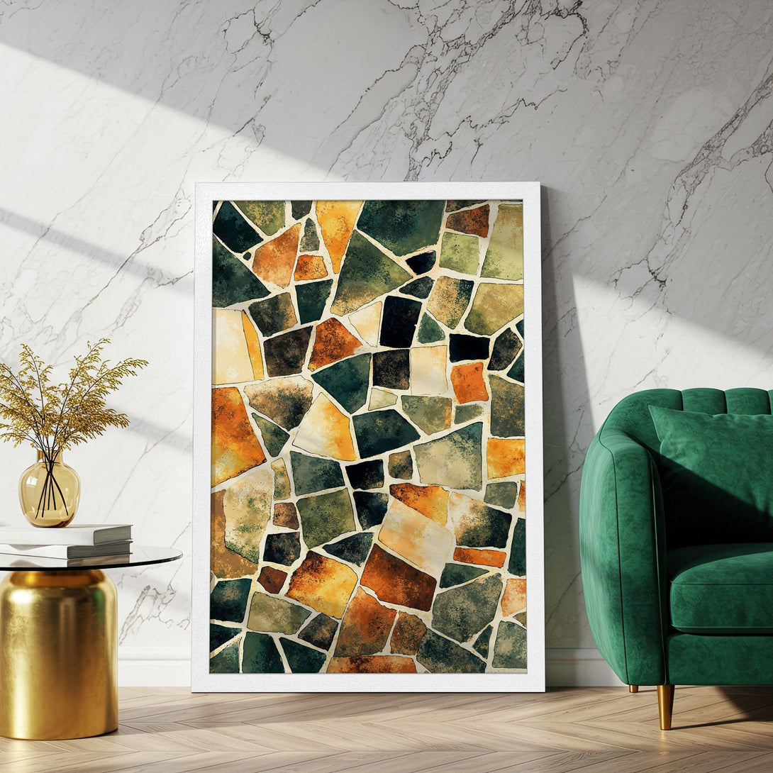 Framed Poster featuring abstract mosaic art in earthy tones. Perfect wall decor for a modern living room.