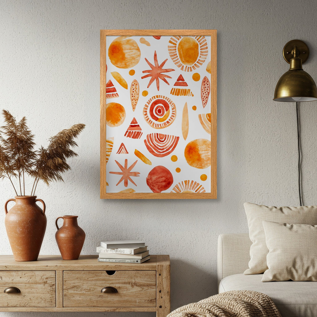 Framed Poster featuring abstract watercolor shapes in warm orange tones. Perfect wall art for a modern, cozy space!