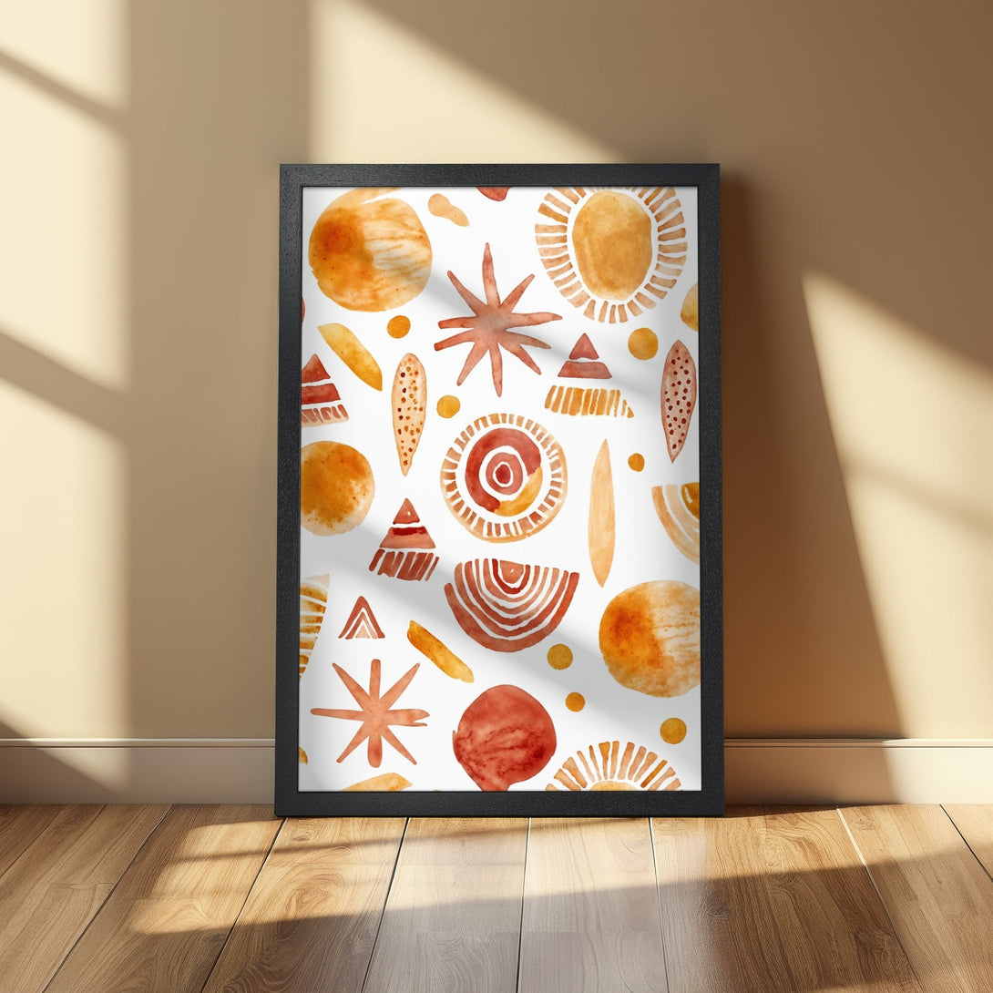 Framed Poster featuring abstract watercolor shapes in warm orange and terracotta hues, perfect for modern home decor.
