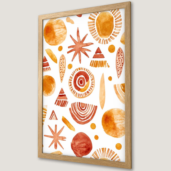 Framed Poster featuring watercolor abstract shapes in warm orange and terracotta tones. Perfect wall art!