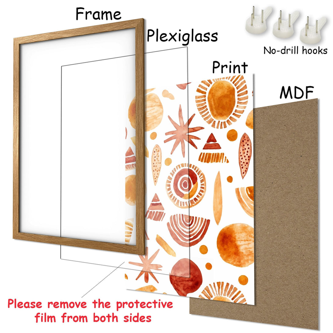 Framed Poster with abstract watercolor design in warm orange and brown tones. Modern art print for your home decor.