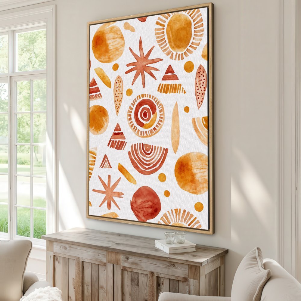 Framed Wall Art featuring an abstract watercolor pattern in warm orange and terracotta hues. Perfect for adding a touch of boho style to your home!