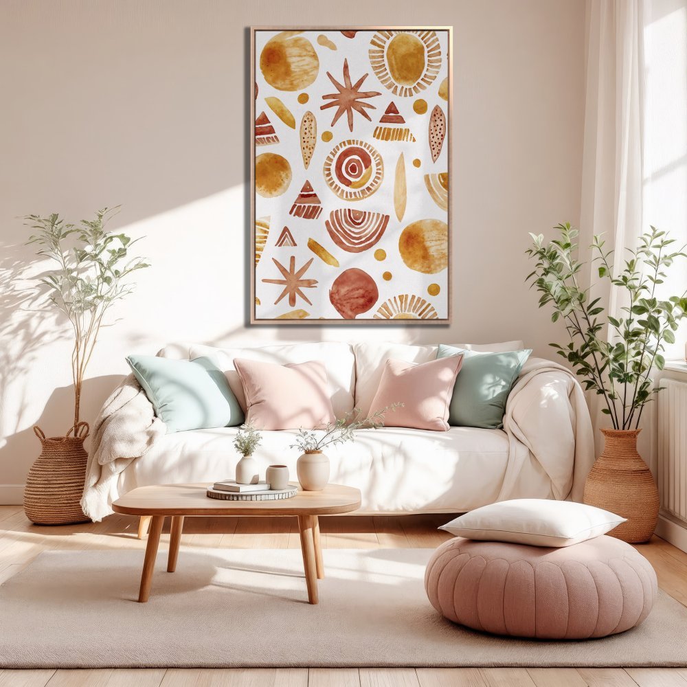 Framed Wall Art: Abstract watercolor print in warm terracotta and gold tones, perfect for adding a touch of boho style to your living room.