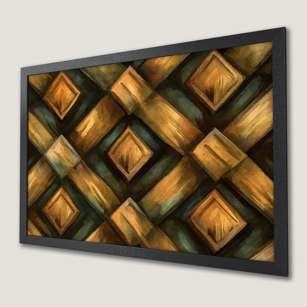 Framed Poster featuring a geometric watercolor design in warm gold and green tones. Perfect wall art for modern decor.