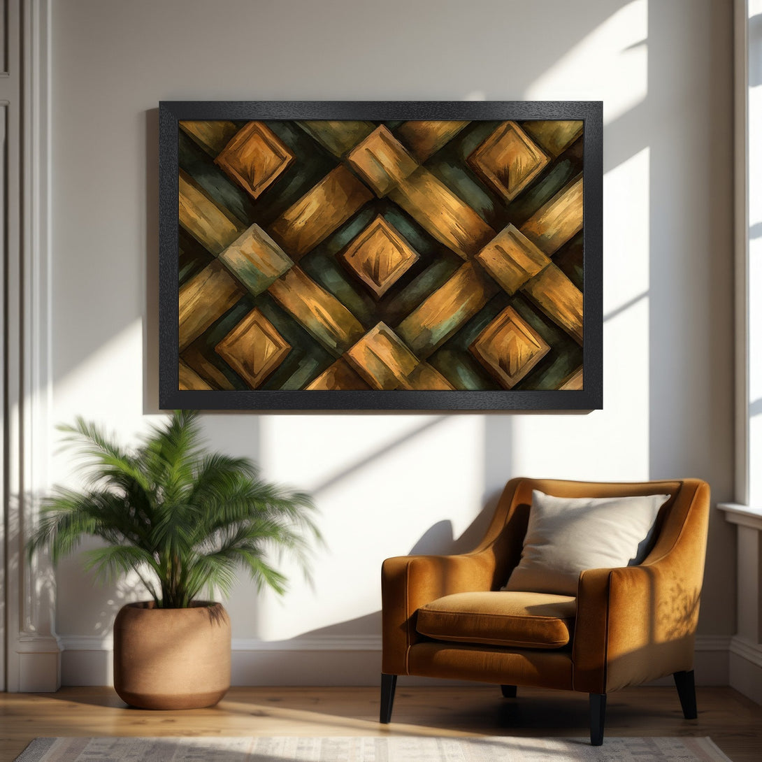 Framed Poster featuring a geometric abstract design in warm gold and green tones. Perfect wall art for modern decor.