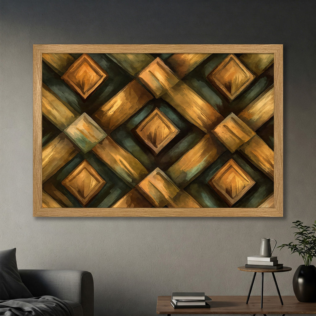Framed Poster featuring an abstract geometric design in warm gold and teal tones, perfect for adding a touch of modern art to your space.