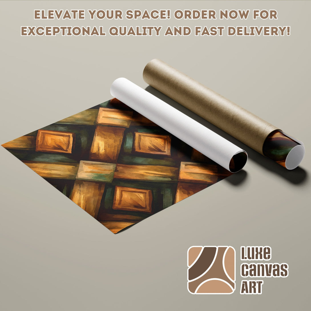 Abstract art poster roll in warm brown and green tones. Elevate your space with Luxe Canvas Art!