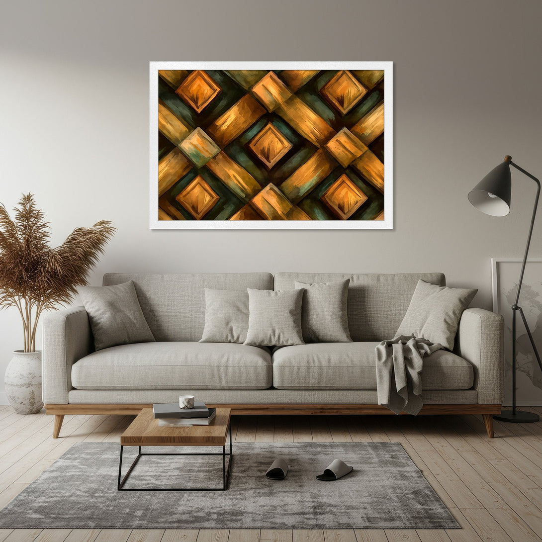 Framed Poster featuring an abstract geometric design in warm gold and teal tones. Perfect wall art for modern decor.