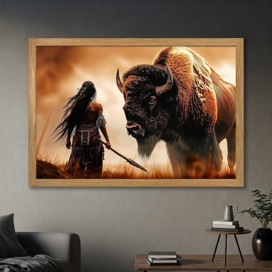 Framed Poster: Native American warrior facing a bison. Warm, earthy tones create a dramatic, artistic style. Perfect wall art!