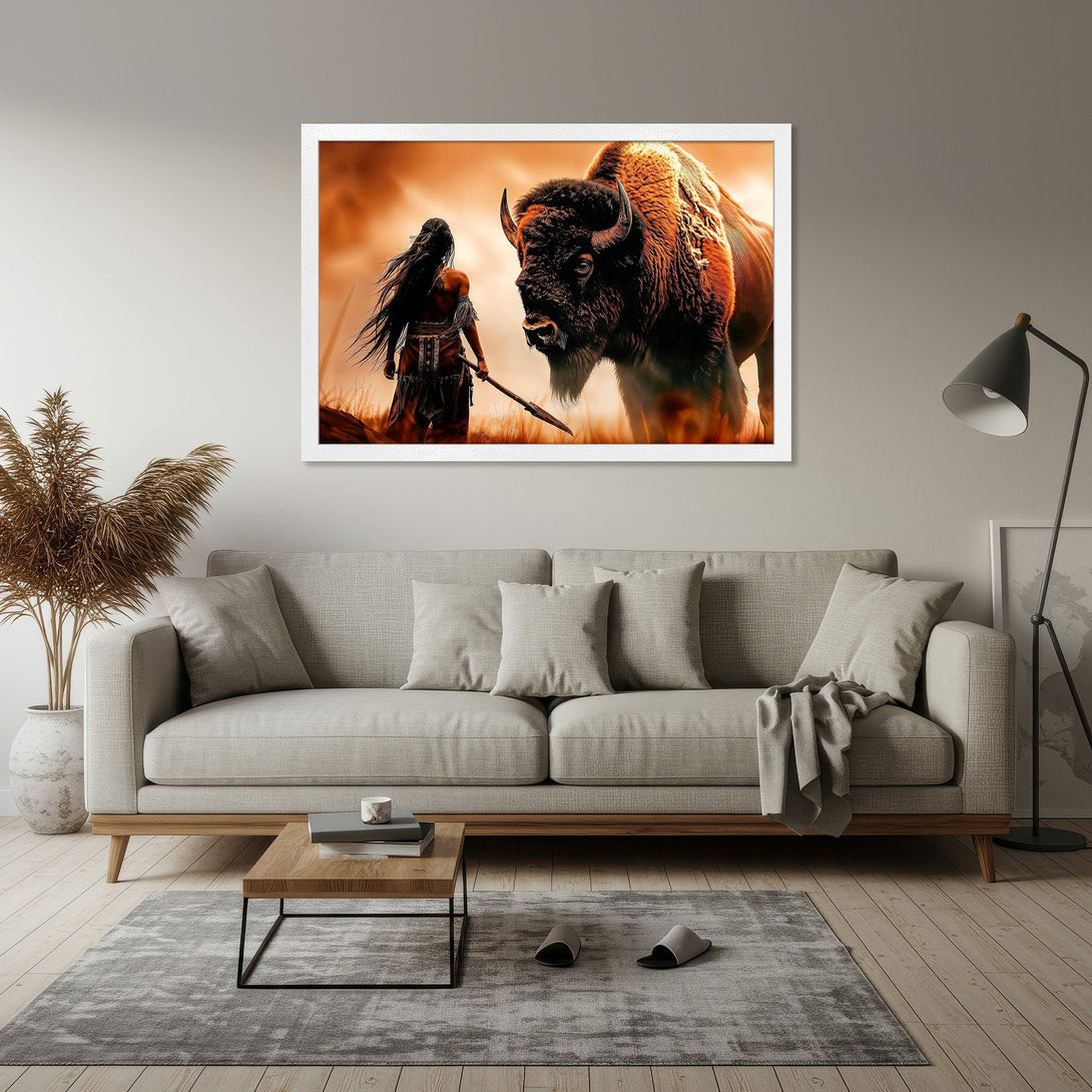 Framed Poster: Native American warrior facing a bison, warm orange and brown tones, perfect wall art.
