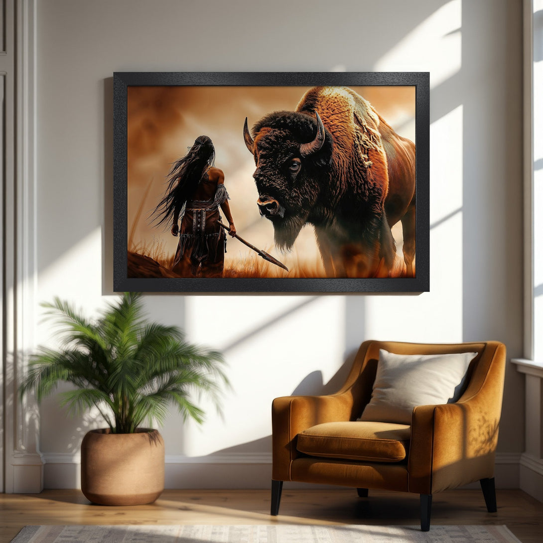 Framed Poster featuring a Native American warrior and bison. Warm, earthy tones and a dramatic style. Perfect wall art!