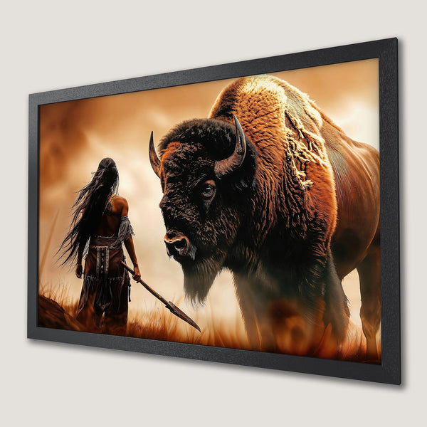 Framed Poster: Native American warrior facing bison. Warm color palette, dramatic art print for home decor.